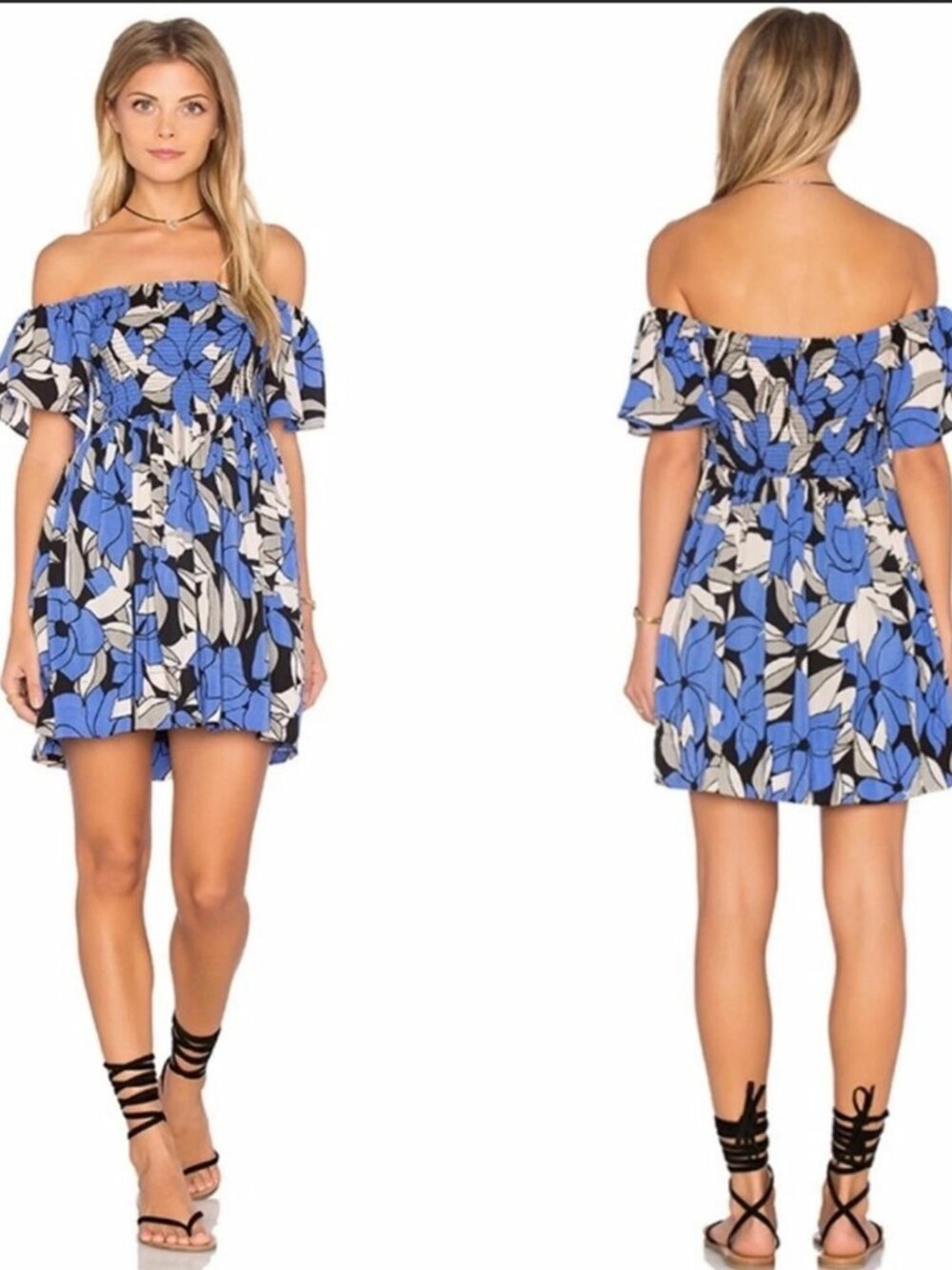 Free People Louise Dress M Blue Floral Smocked Puff Sleeve Boho Mini Pockets